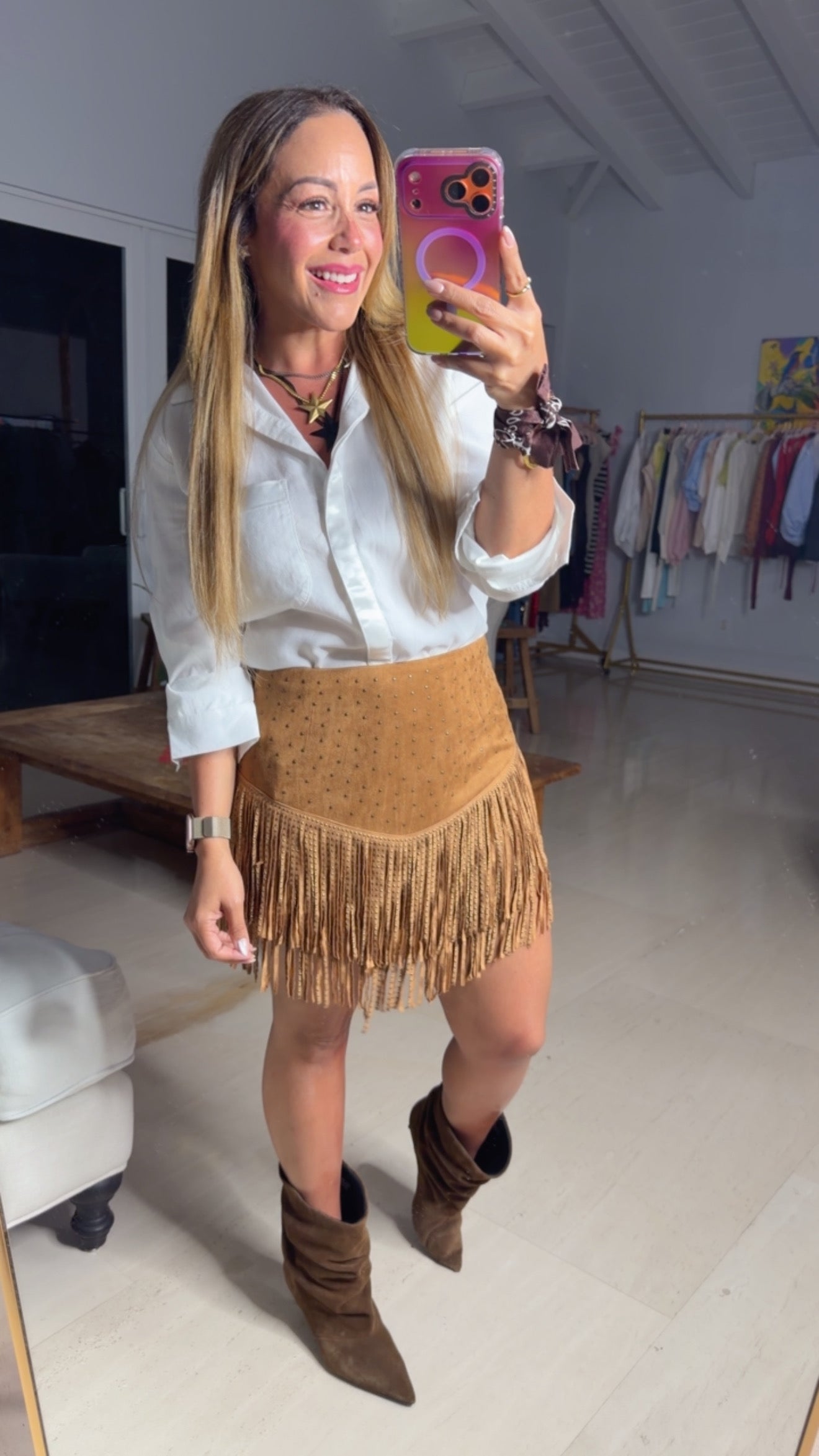 Camel Tiered Fringe Skirt