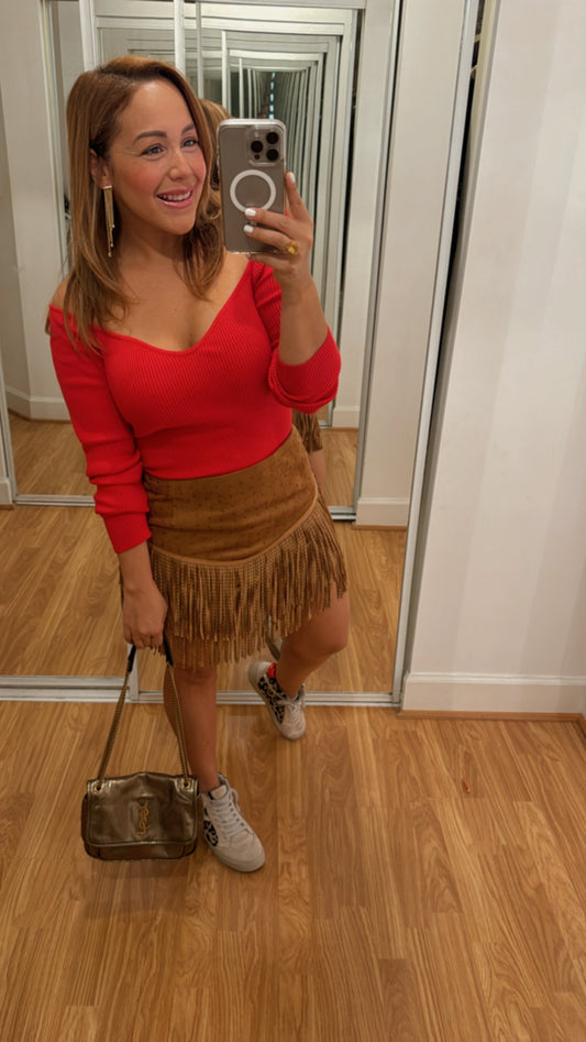 Camel Tiered Fringe Skirt