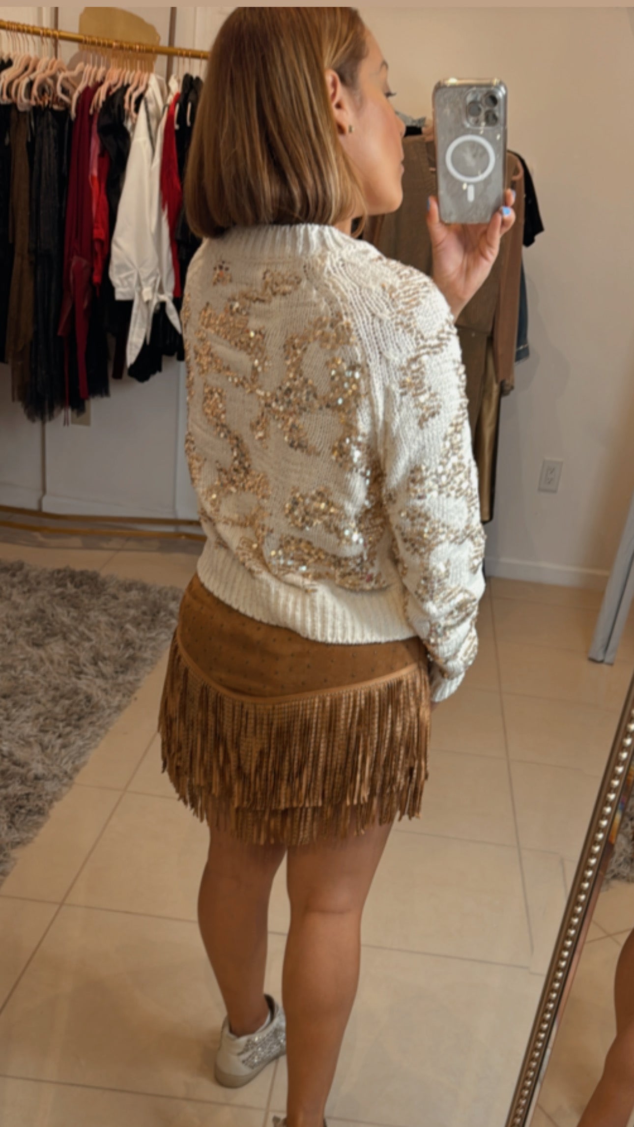 Camel Tiered Fringe Skirt