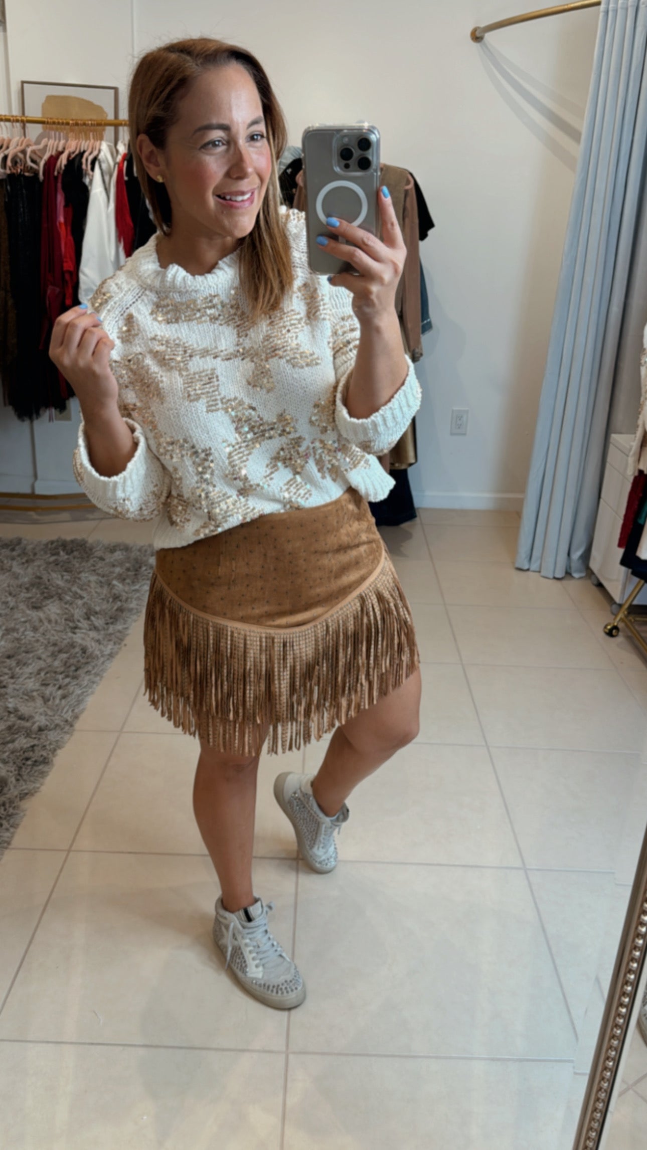 Camel Tiered Fringe Skirt